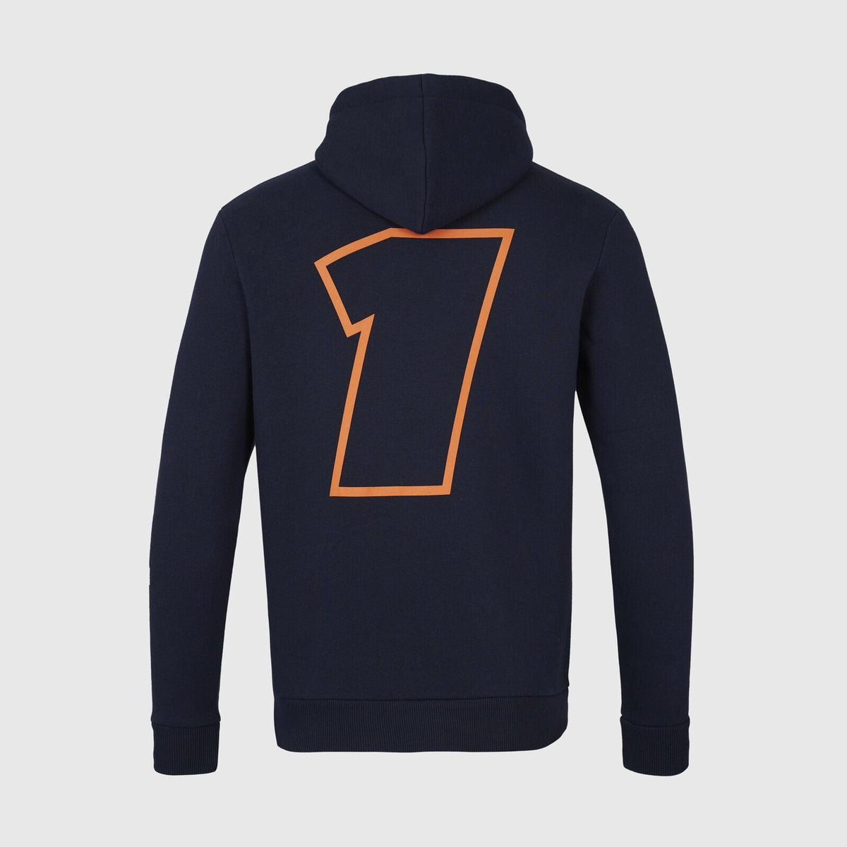 Back view of a navy blue Max Verstappen Red Bull Racing hoodie featuring a large orange number 1.