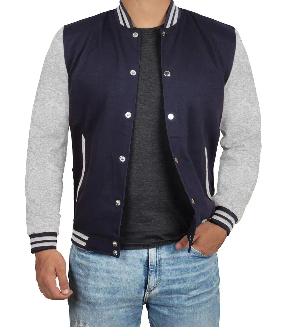 Mens Grey and Blue Varsity Jacket - Plain Bomber Style