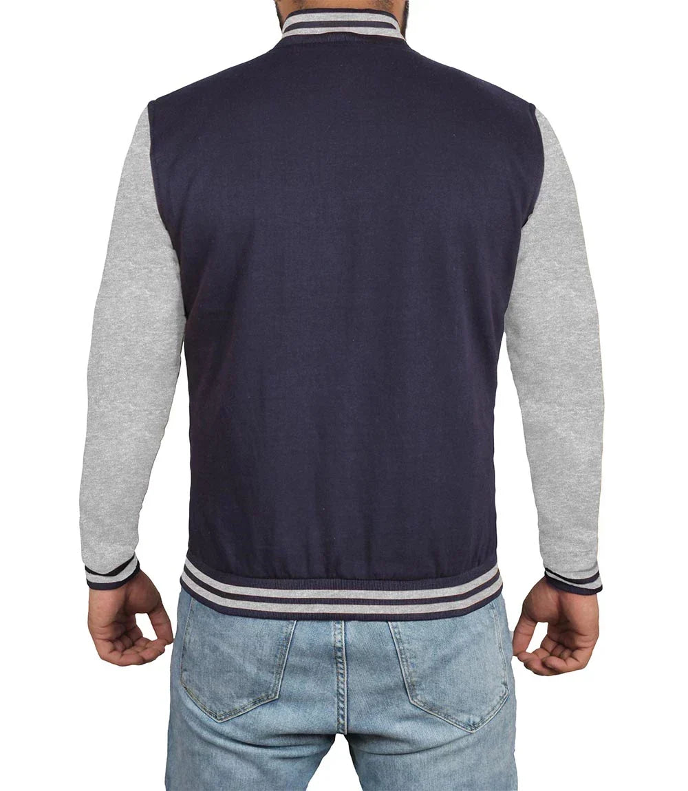 Mens Grey and Blue Varsity Jacket - Plain Bomber Style