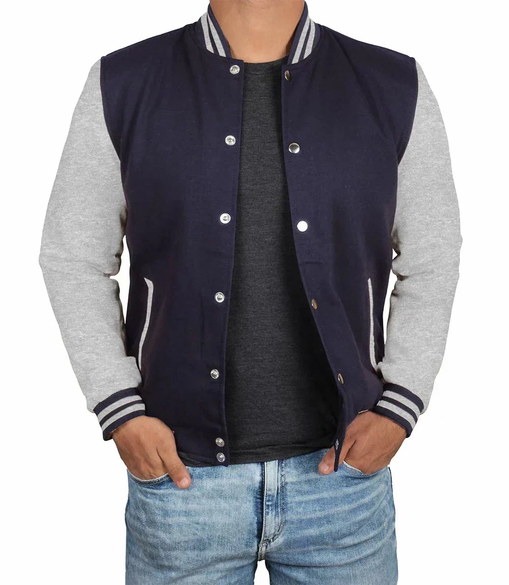 Mens Grey and Blue Varsity Jacket - Plain Bomber Style