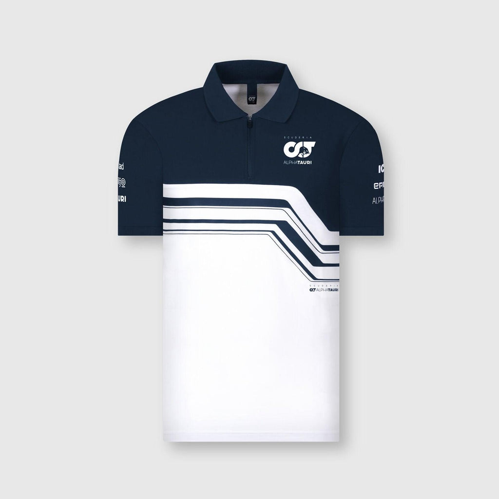 Navy and white Rustle Racewears AlphaTauri Team Polo shirt with racing stripes