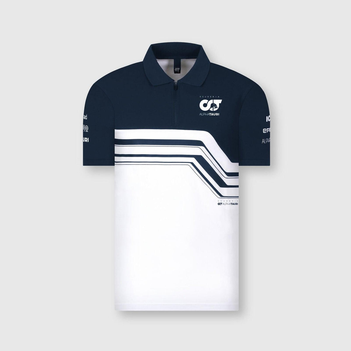 Navy and white Rustle Racewears AlphaTauri Team Polo shirt with racing stripes