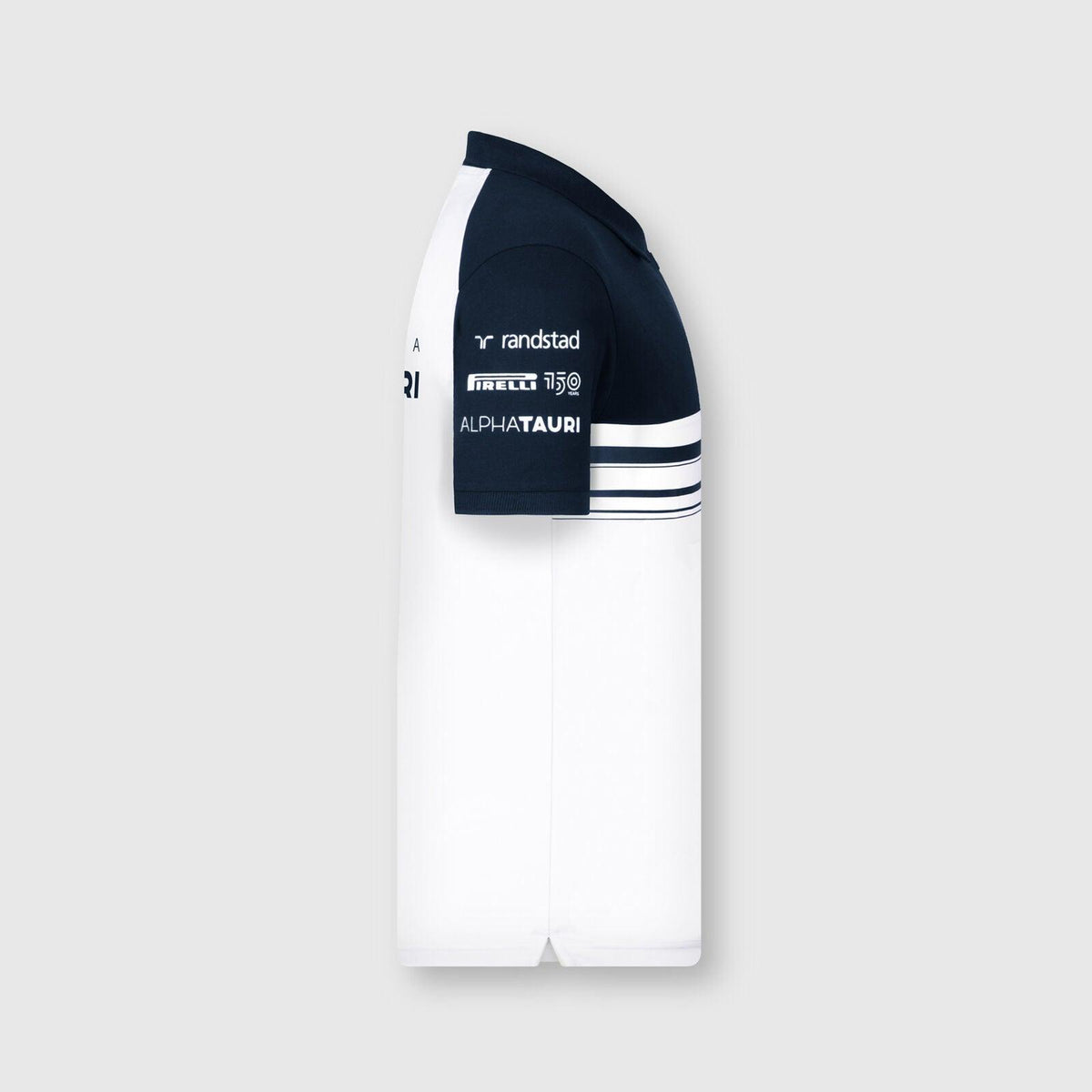 White Rustle Racewears AlphaTauri Team Polo with navy blue sleeve and sponsor logos