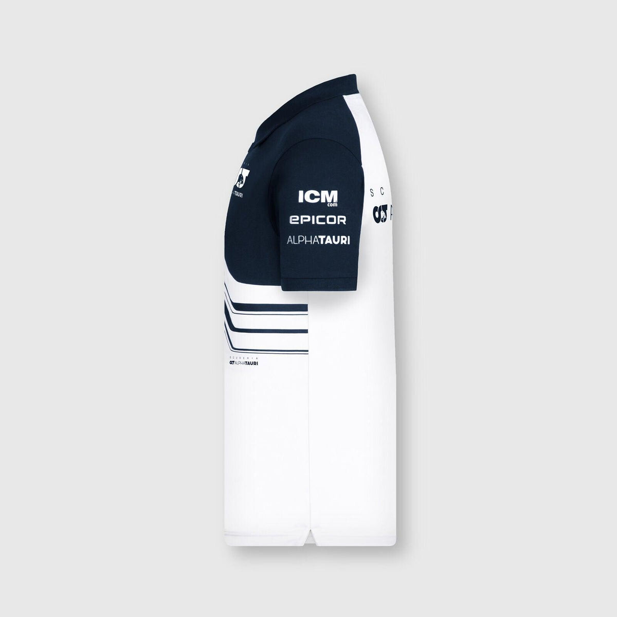 White and navy blue AlphaTauri Team Polo by Rustle Racewears with team sponsor logos.