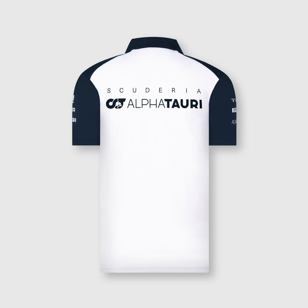 Back view of the white and navy blue Rustle Racewears AlphaTauri Team Polo shirt