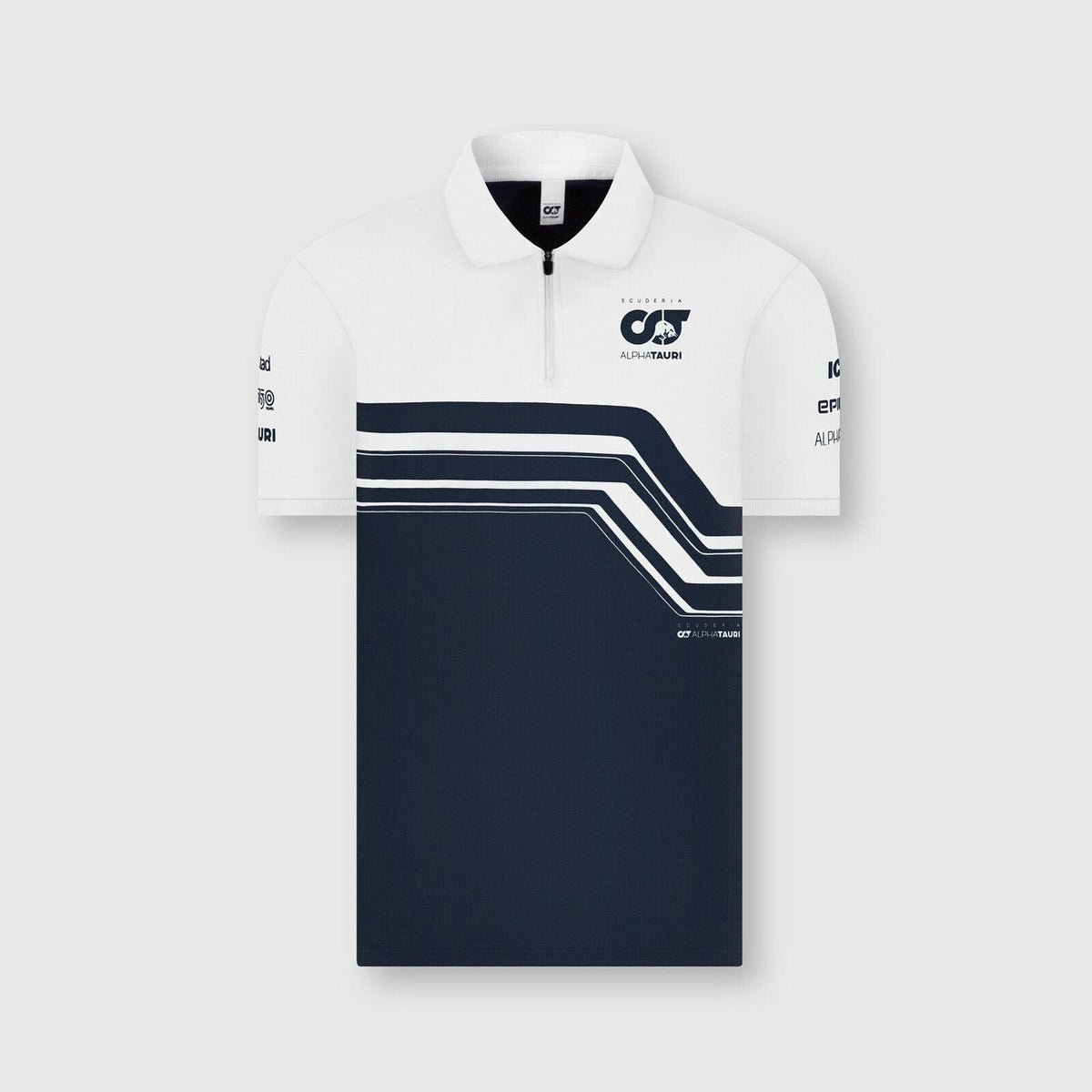 White and navy blue Rustle Racewears AlphaTauri Team Polo with racing stripes.