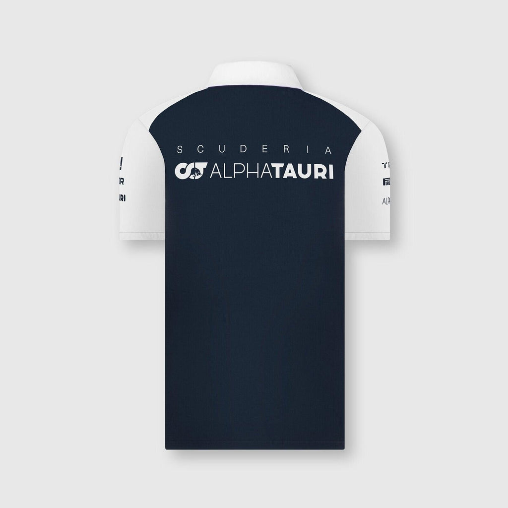 Back view of a navy and white Rustle Racewears AlphaTauri team polo shirt.