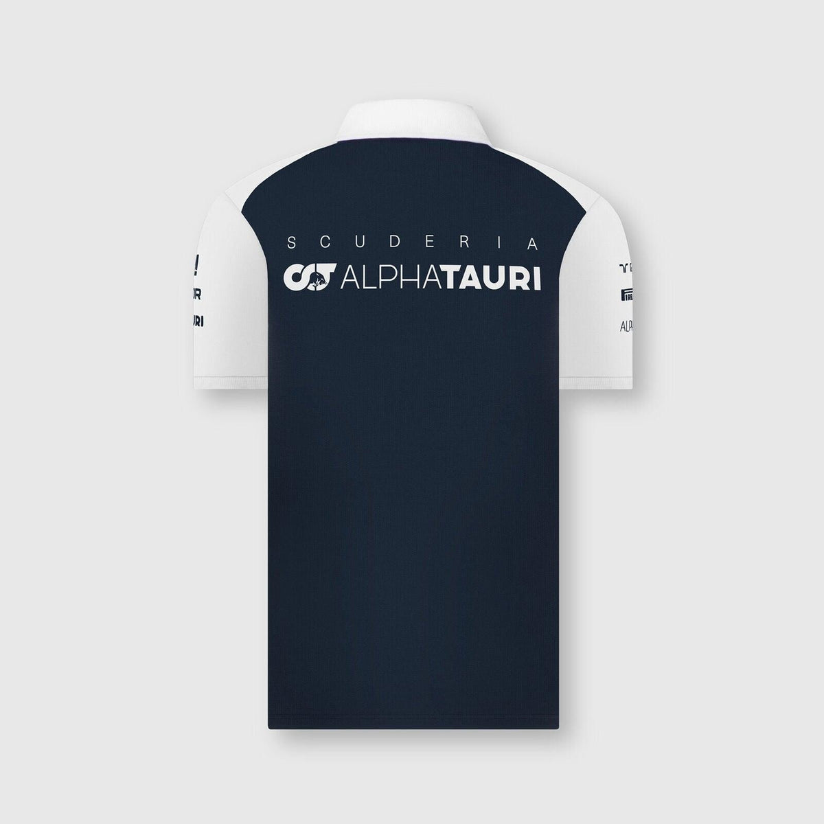 Back view of a navy and white Rustle Racewears AlphaTauri team polo shirt.