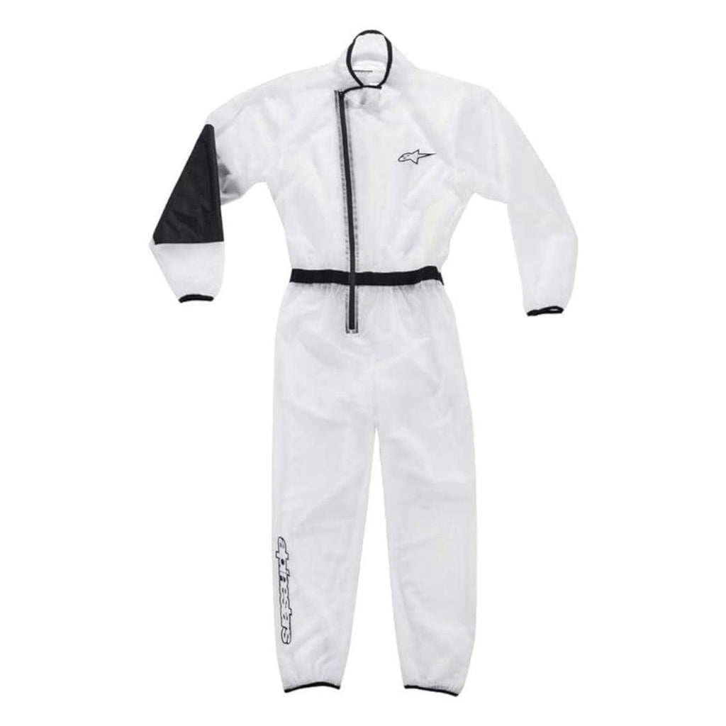 Clear Alpinestars kart rain suit with black accents and zipper closure