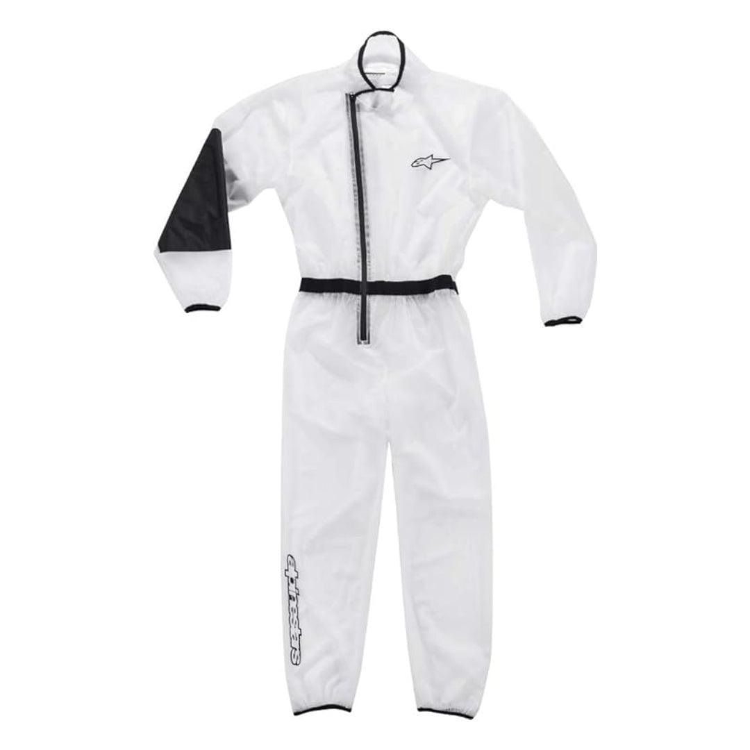 Clear Alpinestars kart rain suit with black accents and zipper closure