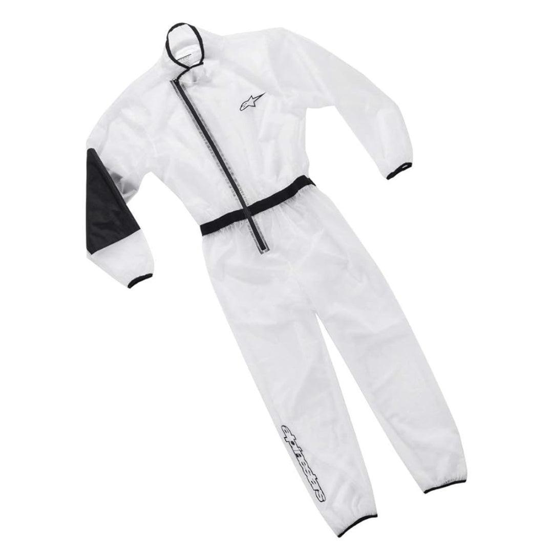 Clear Alpinestars kart rain suit for racing, featuring a waterproof design and black accents.