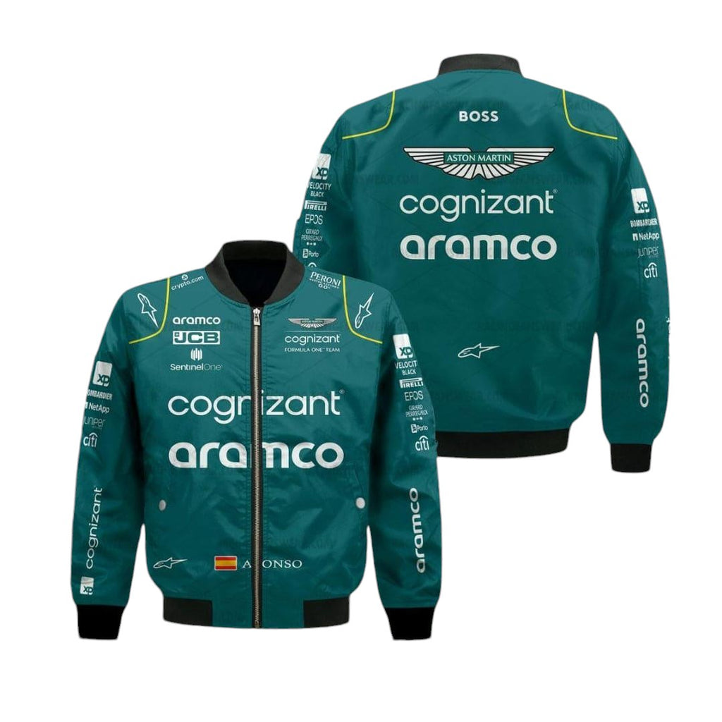 Aston Martin Aramco Cognizant F1 2023 Official Fernando Alonso Team Driver Bomber Jacket - Rustle Racewear