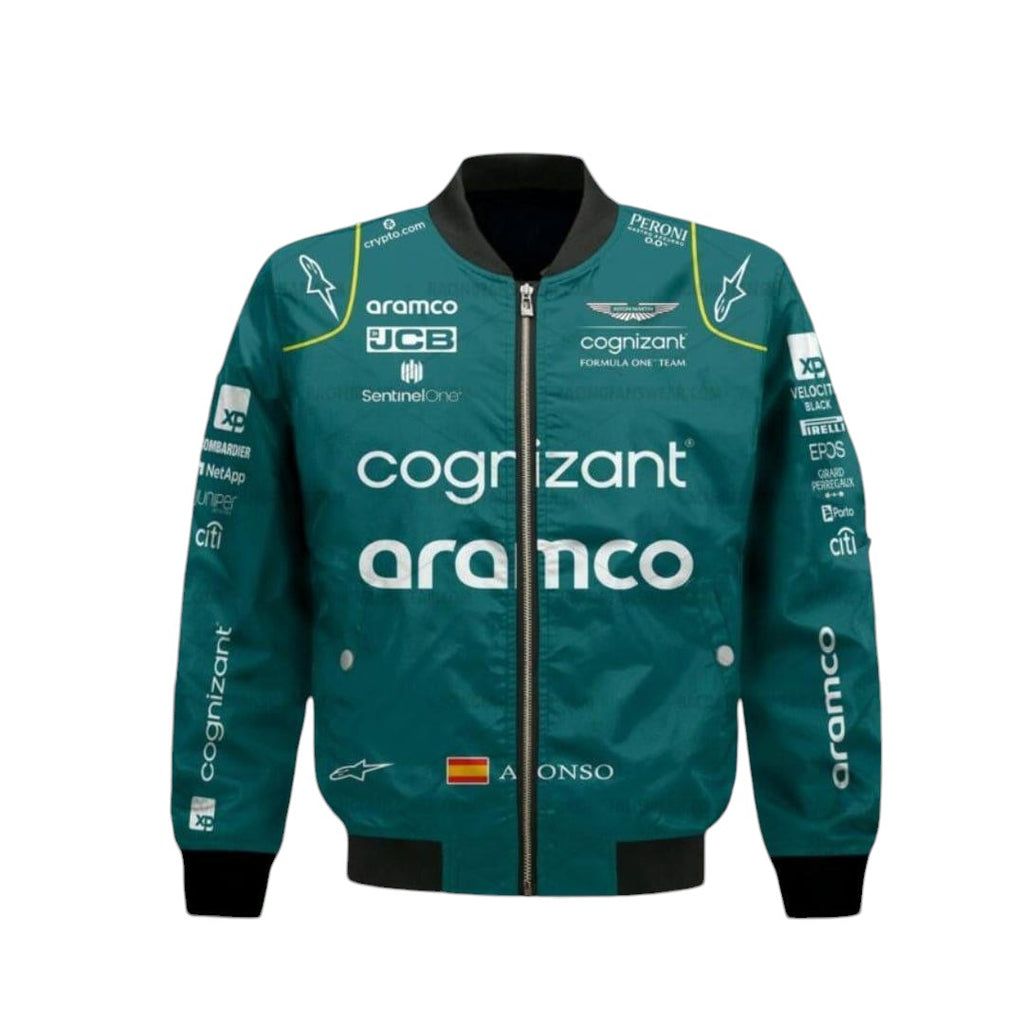 Aston Martin Aramco Cognizant F1 2023 Official Fernando Alonso Team Driver Bomber Jacket - Rustle Racewear