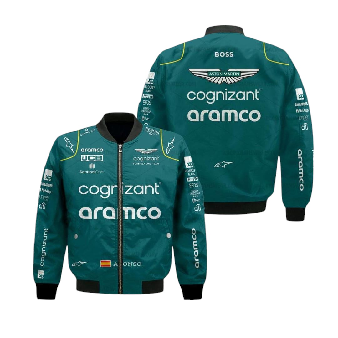 Aston Martin Aramco Cognizant F1 2023 Official Fernando Alonso Team Driver Bomber Jacket - Rustle Racewear