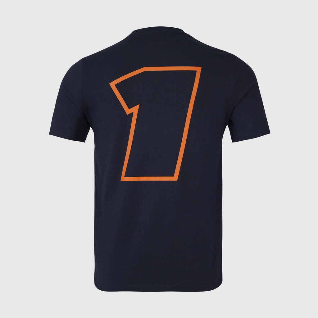 Back view of a navy blue Rustle Racewears t-shirt featuring a large orange number 1.