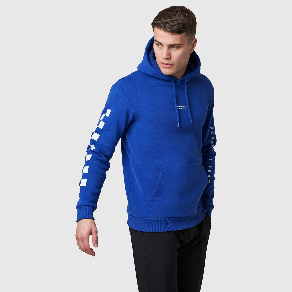 Blue McLaren F1 Dynamic Pack logo hoodie with checkered flag sleeve details