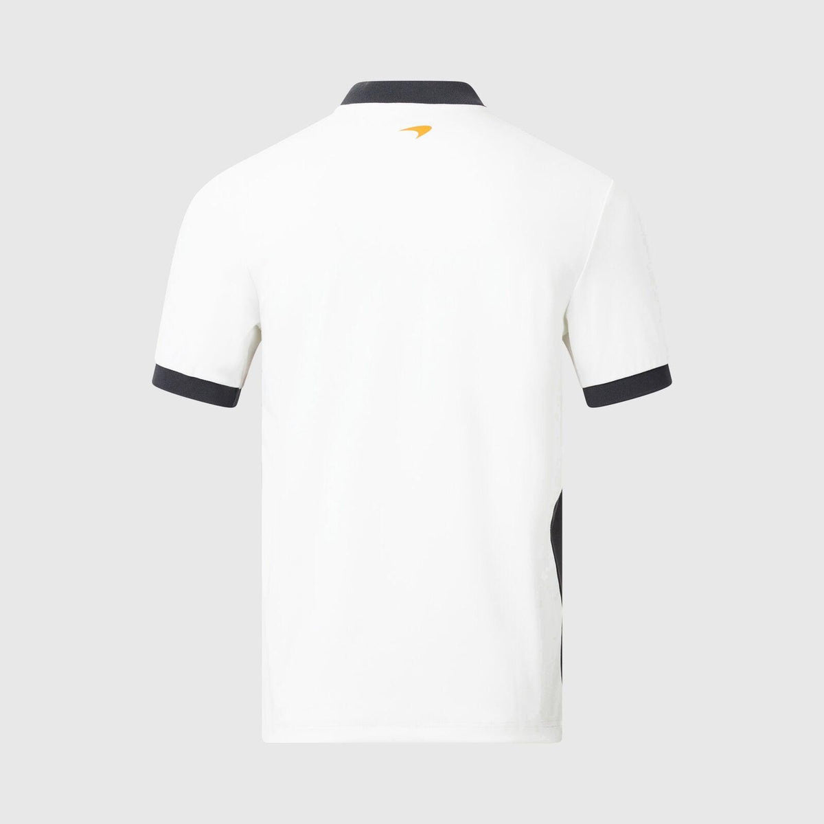 Back view of a white McLaren F1 Gulf polo shirt with black trim and gold logo.