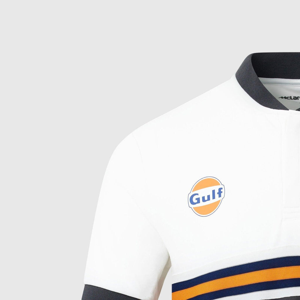 White McLaren F1 Gulf polo shirt with orange and blue stripes