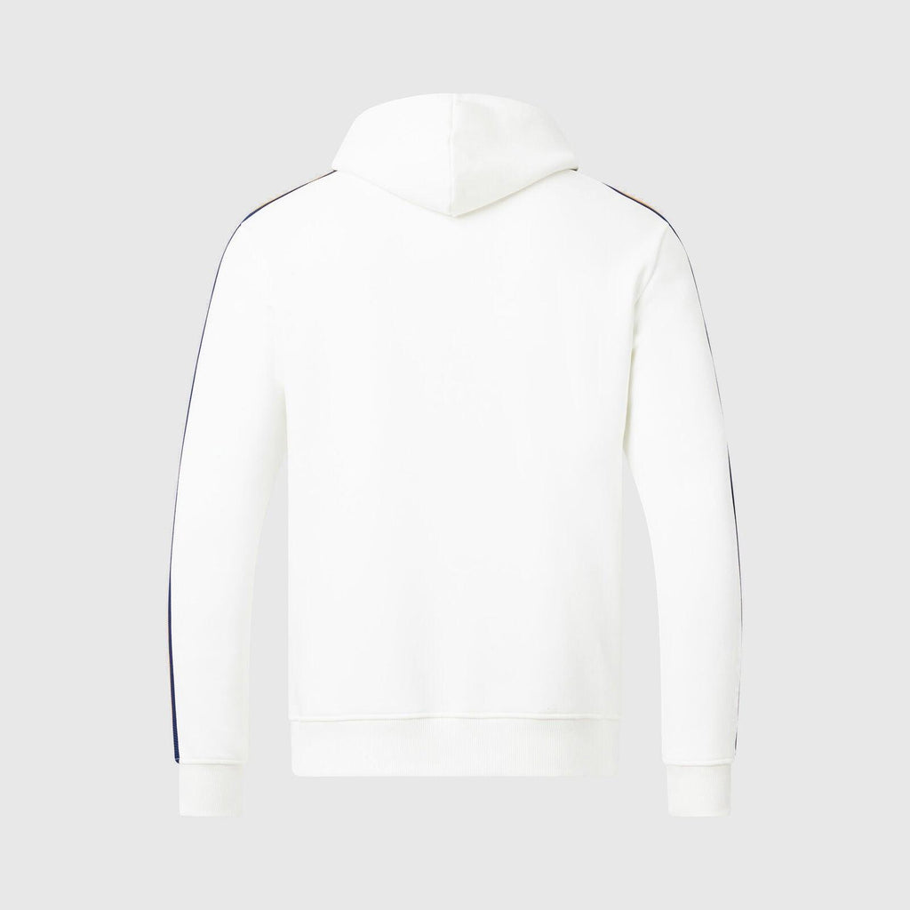 Back view of a white McLaren F1 Gulf Track hoodie with racing stripes on the sleeves.