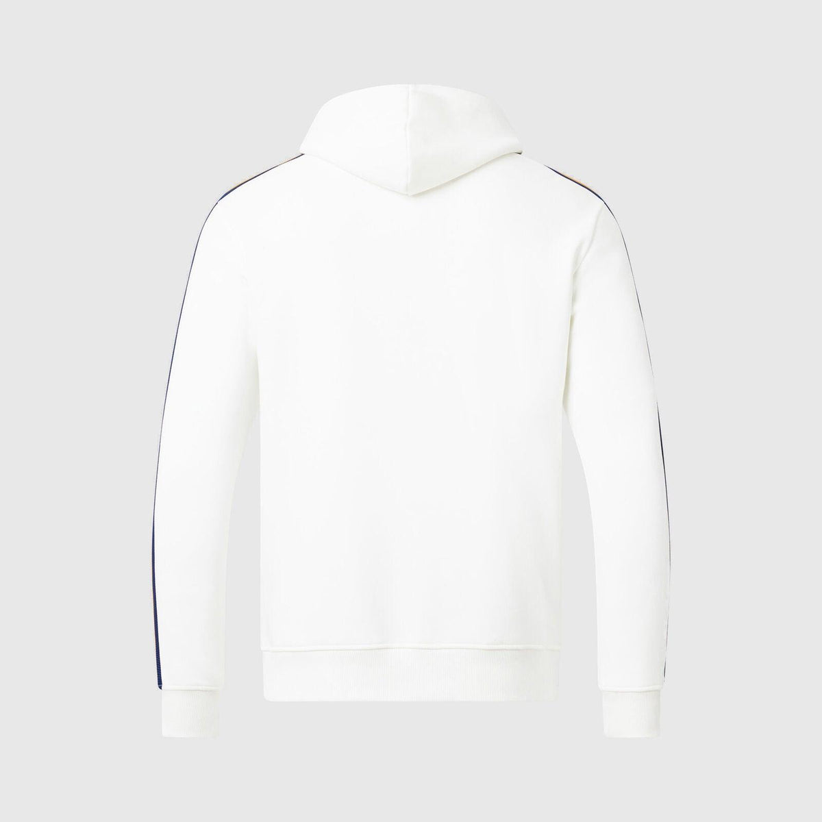 Back view of a white McLaren F1 Gulf Track hoodie with racing stripes on the sleeves.