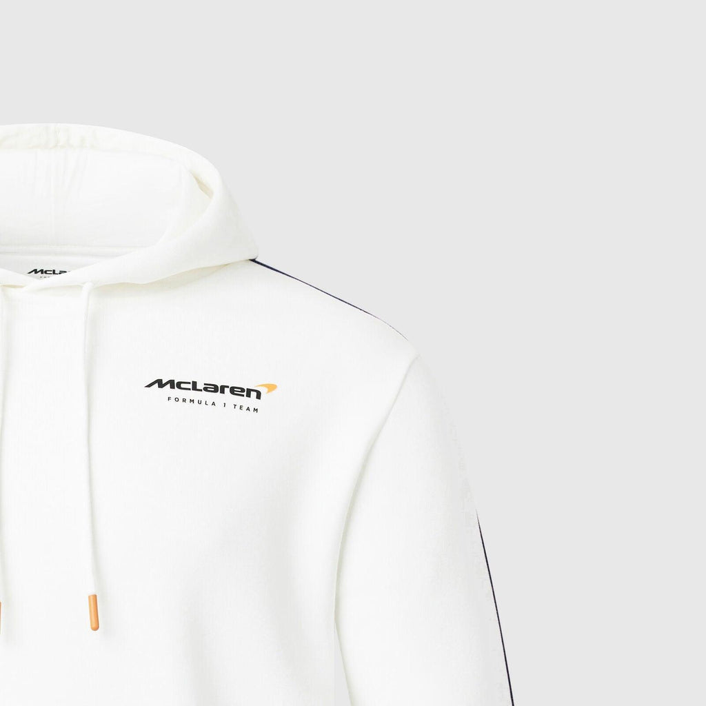 White McLaren Formula 1 Team hoodie with black and orange logo