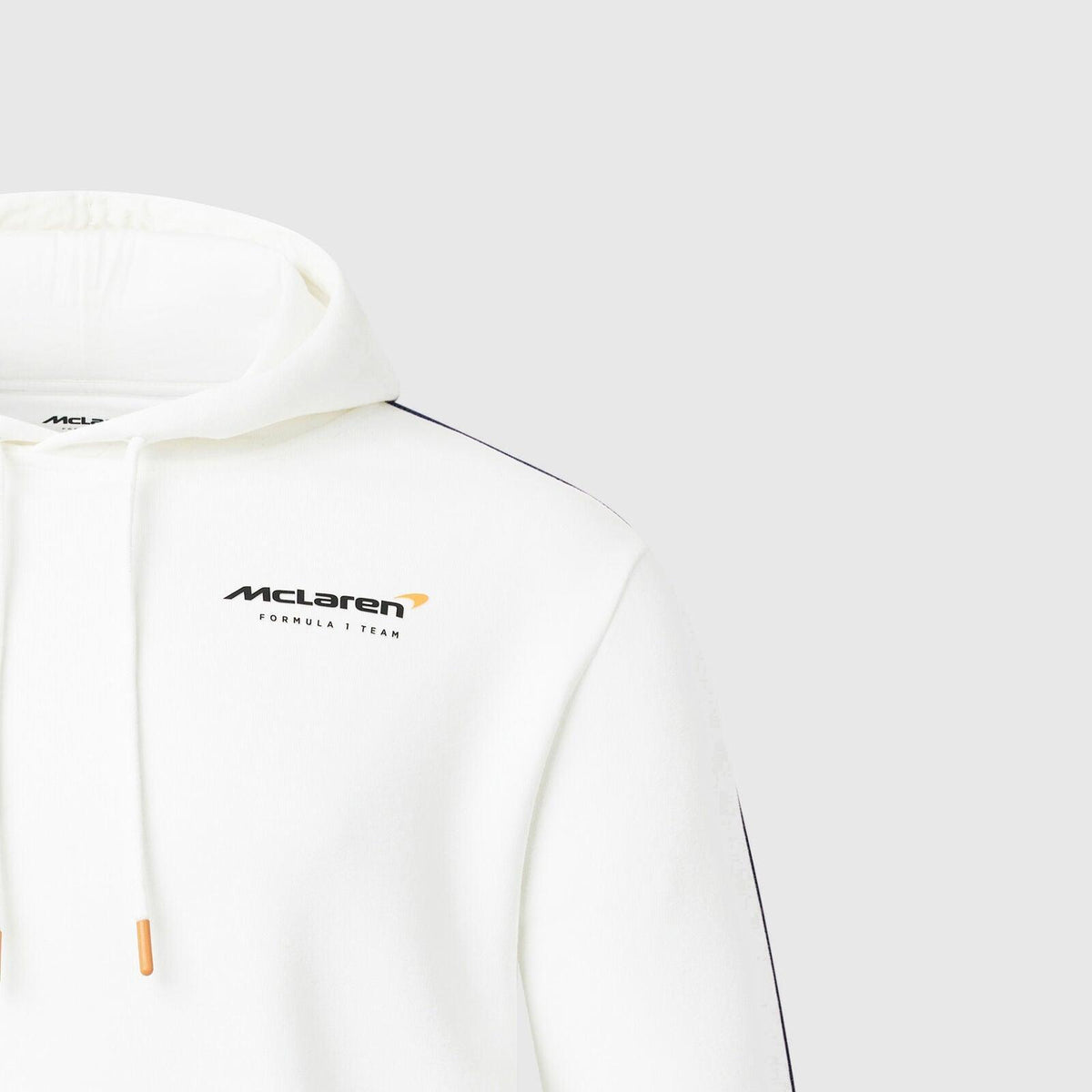 White McLaren Formula 1 Team hoodie with black and orange logo