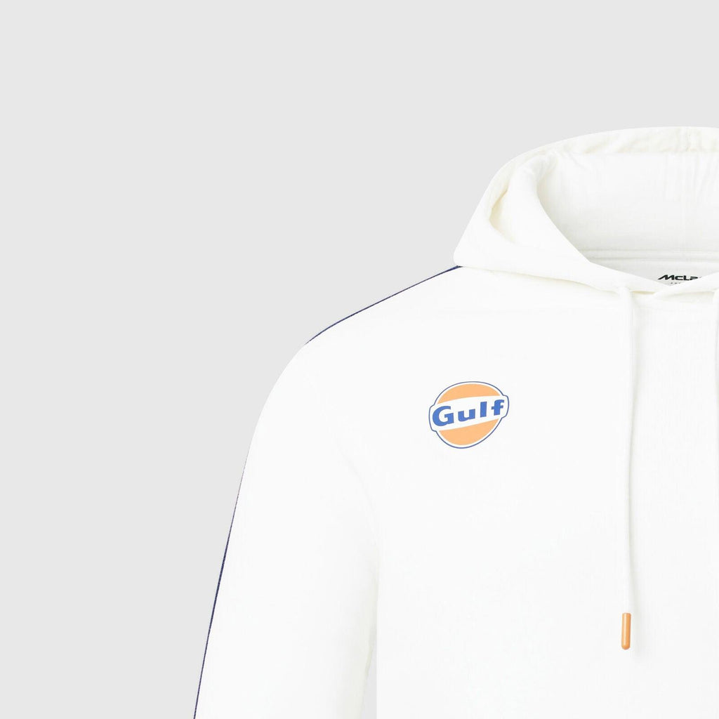 White McLaren F1 Gulf Track Hoodie with orange and blue logo