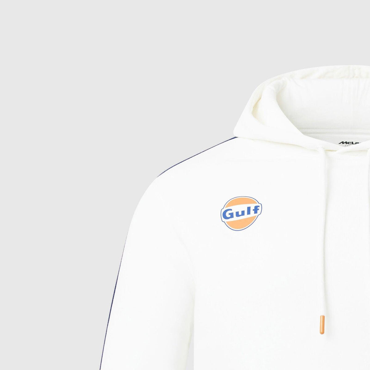 White McLaren F1 Gulf Track Hoodie with orange and blue logo