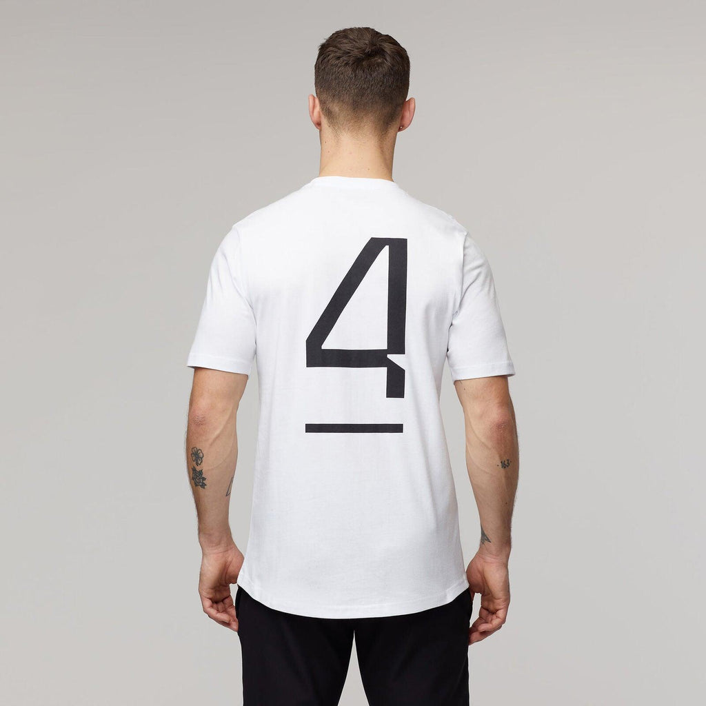 Back view of a white McLaren F1 Lando Norris Core T-shirt featuring a large black number 4.