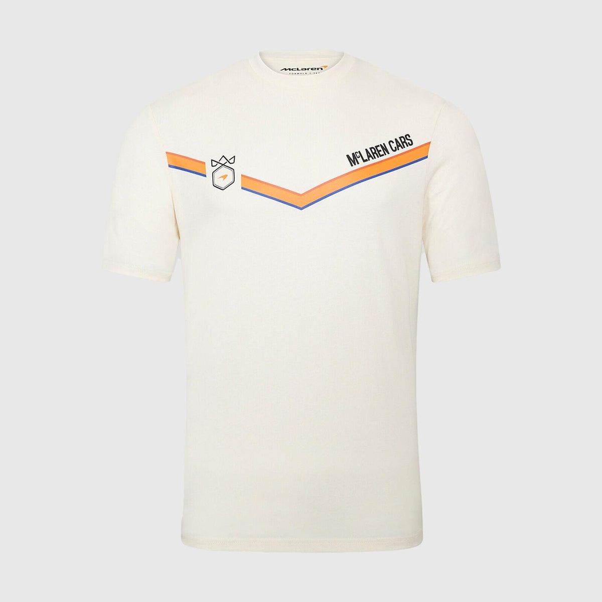 McLaren F1 Triple Crown white t-shirt with orange and blue chevron stripes