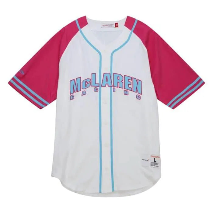 McLaren Racing F1 Special Edition Miami GP Mitchell & Ness Baseball Jersey - Blue/Pink - Rustle Racewears