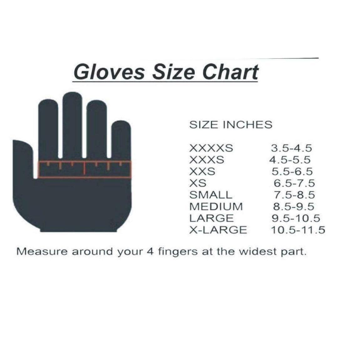 Rustle Racewears OMP Rain-K kart gloves size chart with hand measurement guide in inches.
