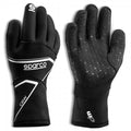 Sparco CRW WP water resistant black karting gloves showing front and palm views.